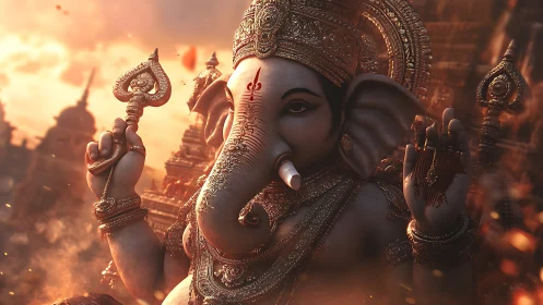 Sunlit elephant deity breathes warmth into temple smoke