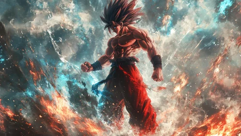 Powerful anime warrior ignites amidst swirling cosmic firestorm