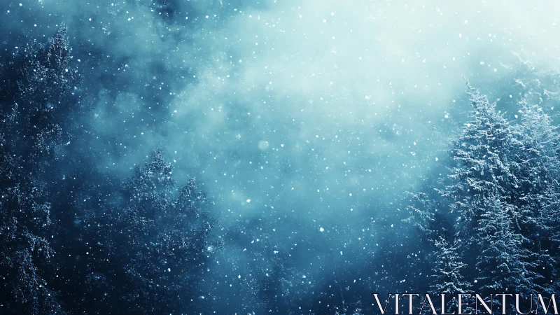 Soft winter snowfall drifts gently over quiet evergreen trees