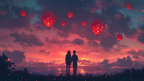 Two figures observe illuminated red balloons suspended in dramatic sunset sky.