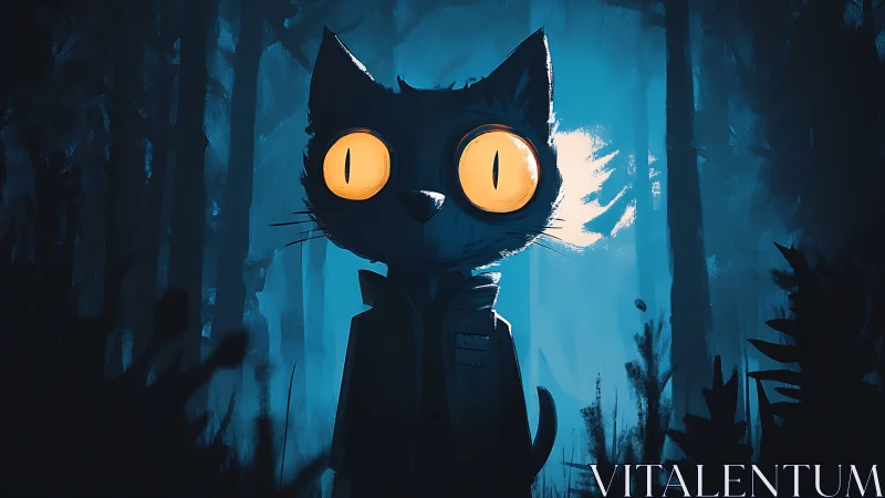 Nocturnal cat character with glowing eyes in blue forest.