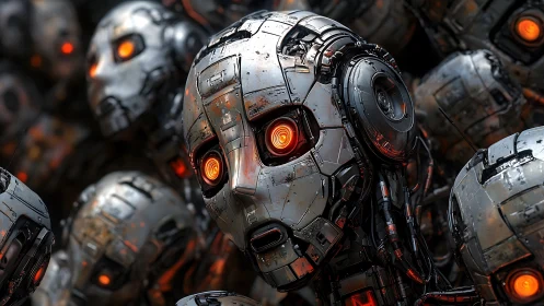 Glow-Eyed Machine Choir Waiting For Their First Thought.