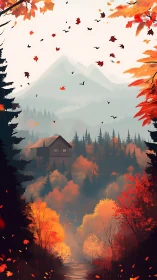 Autumn cabin nestles in misty mountains and fiery forest.