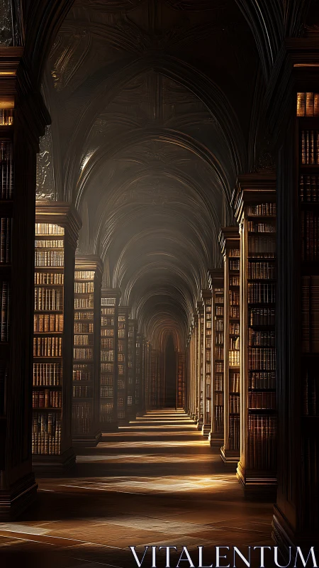 Gothic library corridor with endless vaulted bookshelves.