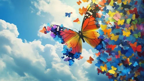 Monarch in midair dissolving into vivid painted butterflies.