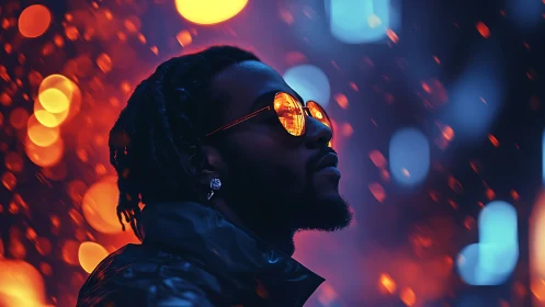 Man in reflective glasses under vivid neon city lights.