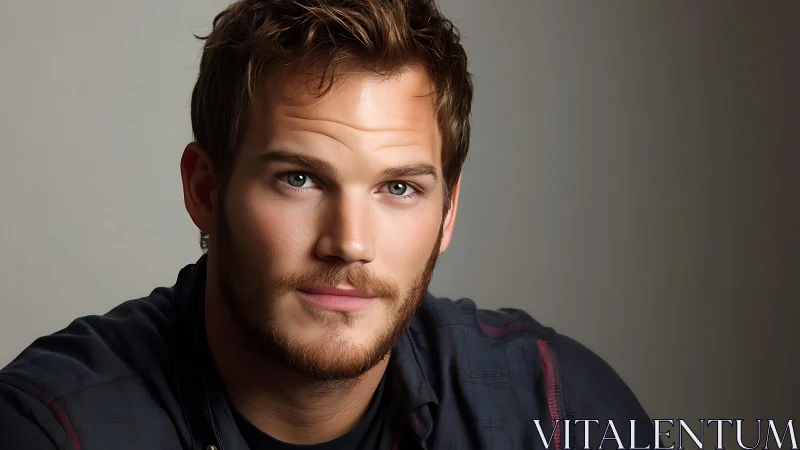 Portrait of bearded man in casual shirt against gray wall.