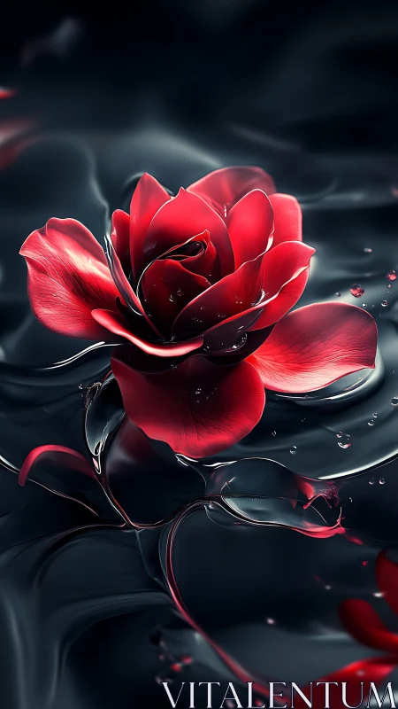 Soft red rose drifting gently across inky moonlit water.