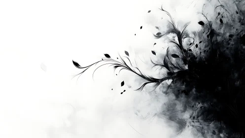 Inkborn branches unfurl into white silence and drifting leaves