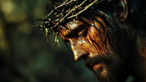 Profile view of wounded bearded man in thorn crown.