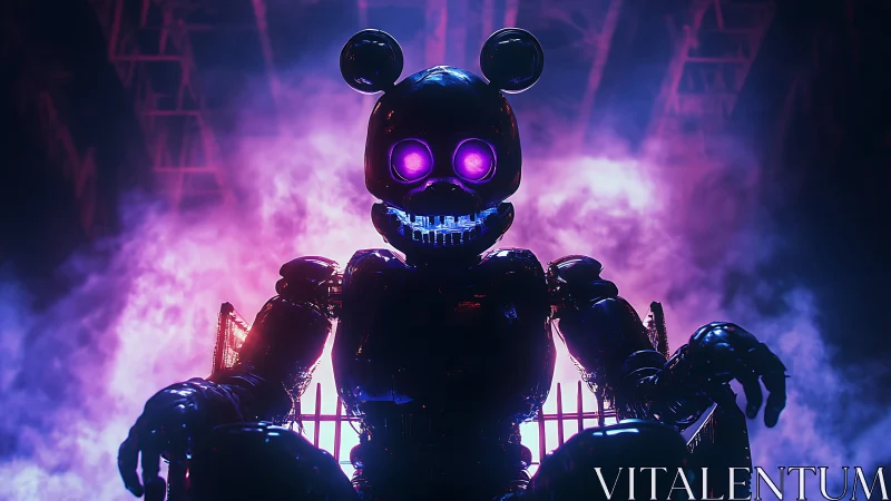 Glowing robot bunny sits in neon mist with playful menace.