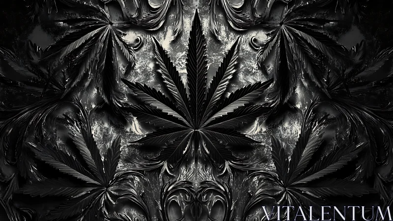 Black metallic cannabis leaves form dark mirrored mandala