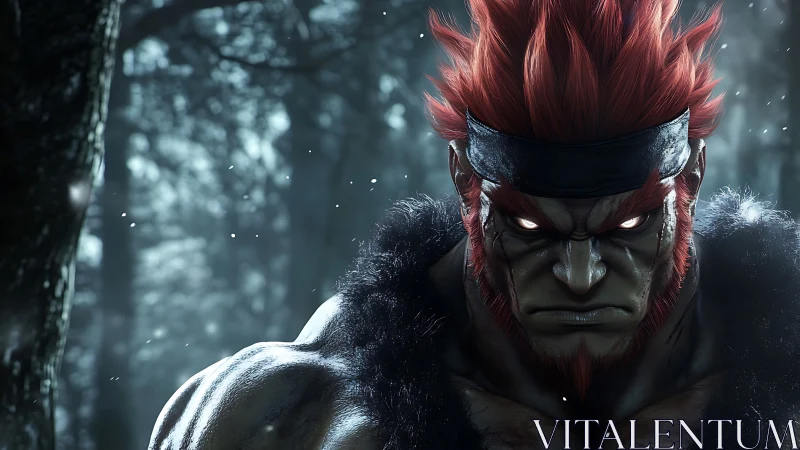 Feral warrior with burning eyes in frostbitten forest glare.