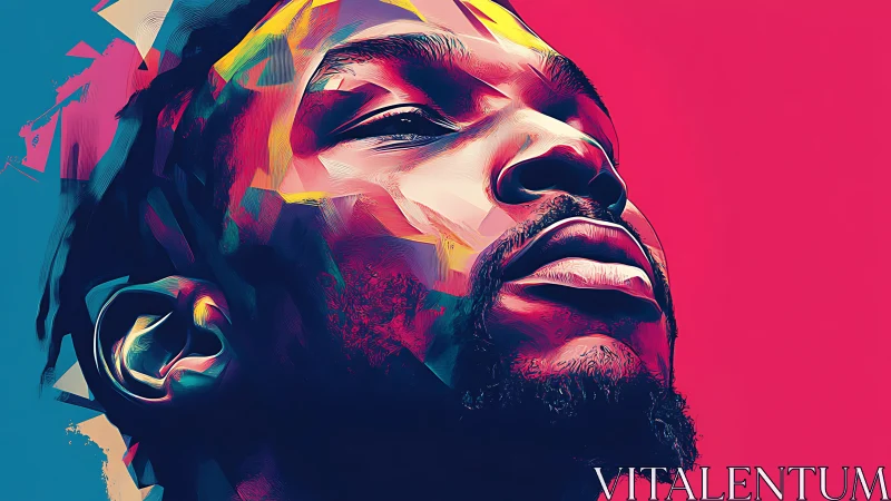 Vibrant digital portrait of man in bold duotone palette.