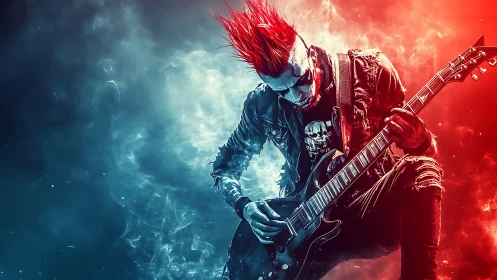 Punk guitarist shreds amid split red and blue smoke light