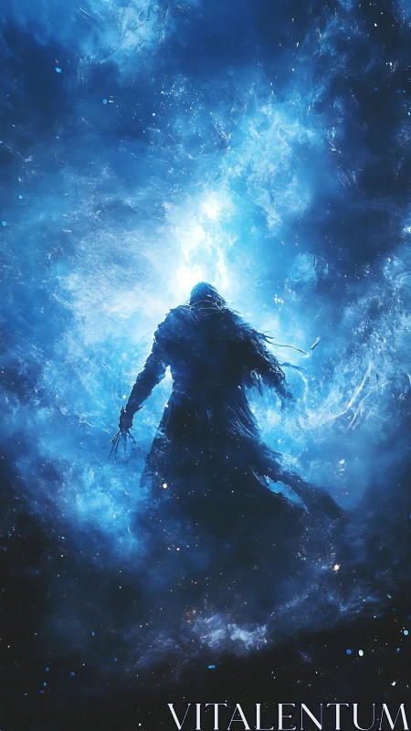 Starlit wraith strides upward through a roaring blue nebula