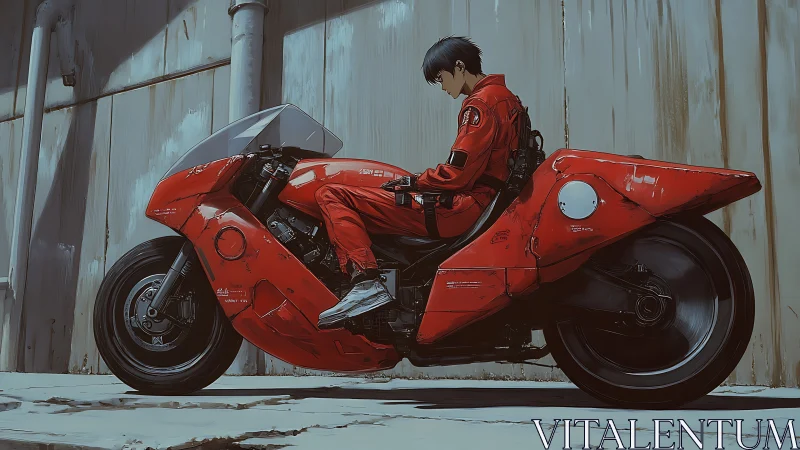 Cybernetic rider on streamlined red mono-shroud motorcycle chassis.
