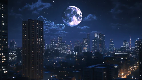 Moonlit city skyline glowing under a dreamy midnight sky.