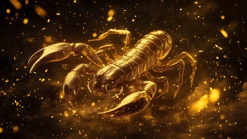 Golden scorpion rendered in glowing cinematic 3D dust field.