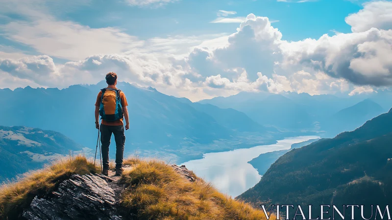 Solo hiker overlooks vast alpine lake under glowing clouds