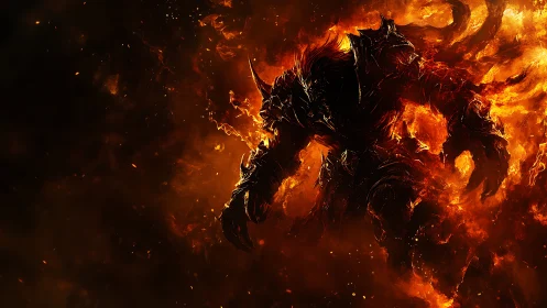 Armored demonic warrior emerges from dense swirling flames