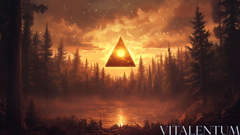 Glowing triangle hovers above misty forest lake at dusk