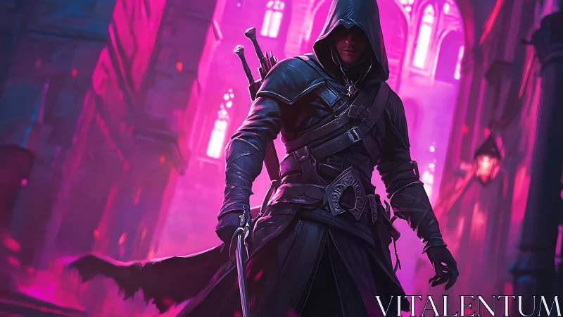 Hooded rogue strides through neon-lit gothic corridor at dusk