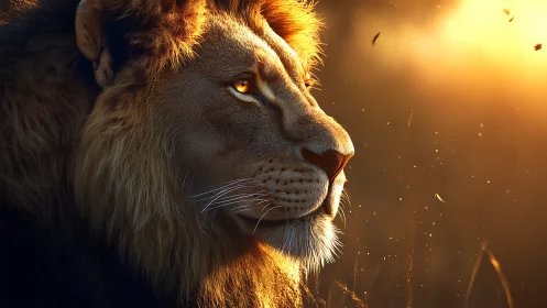 Golden hour lion gazing softly toward the glowing horizon.