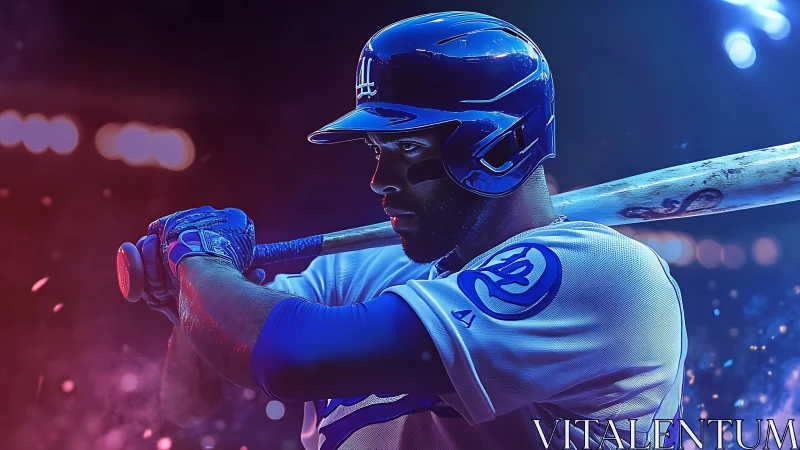Electric-lit baseball slugger in intense digital portrait.