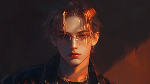 Digital portrait of young person with glasses and warm light.