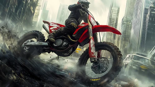 Motocross rider powers through wet urban street corner.