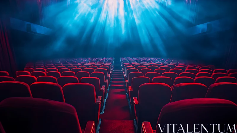 Cozy cinema seats glowing softly in dreamy blue light.