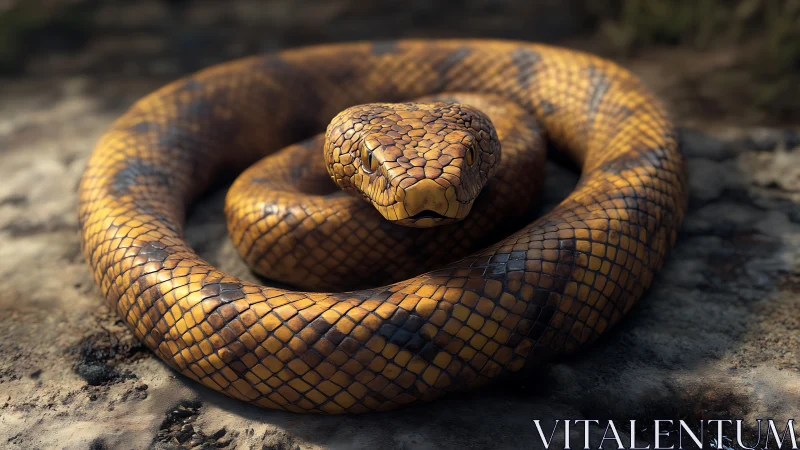 Coiled golden serpent studies the world from a sunlit knot