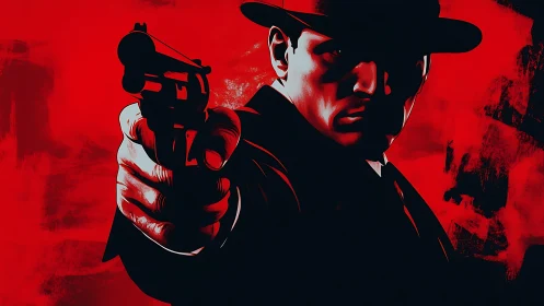 Gunman in noir silhouette confronts viewer in stark red light.