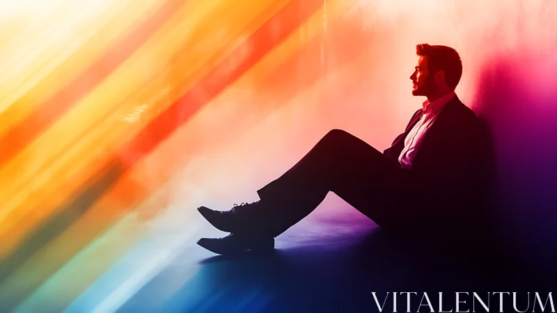 Man in suit sits against wall under diagonal neon light