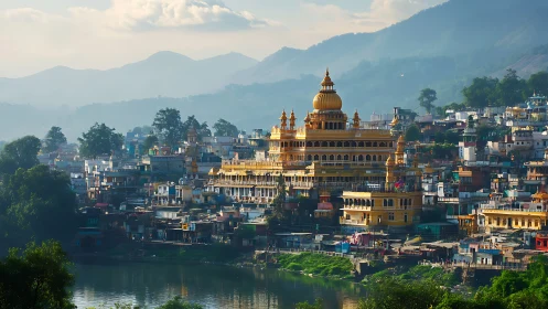 Golden riverside temple complex in dense hillside townscape.