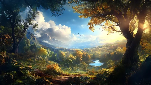 Alpine vista framed through ancient trees with golden hour lighting.