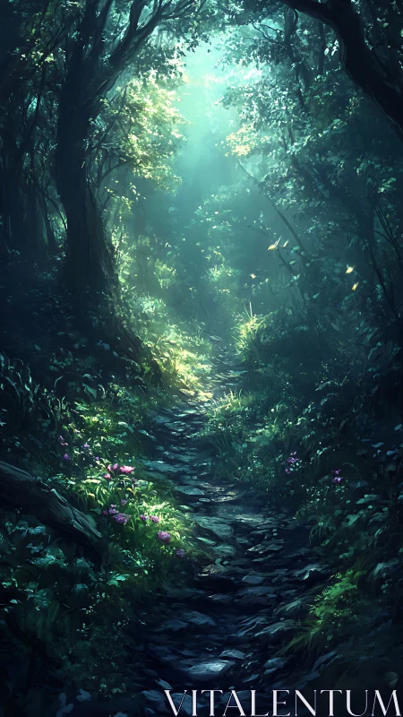 Enchanted Forest Path with Ethereal Light and Verdant Canopy.