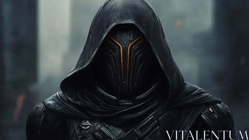 Hooded sci fi warrior stands in brooding futuristic alley