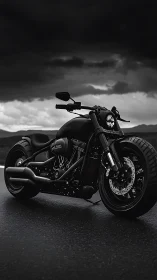 Black custom cruiser motorcycle on wet open roadway.