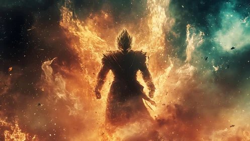 Silhouetted warrior stands amid explosive fiery energy field
