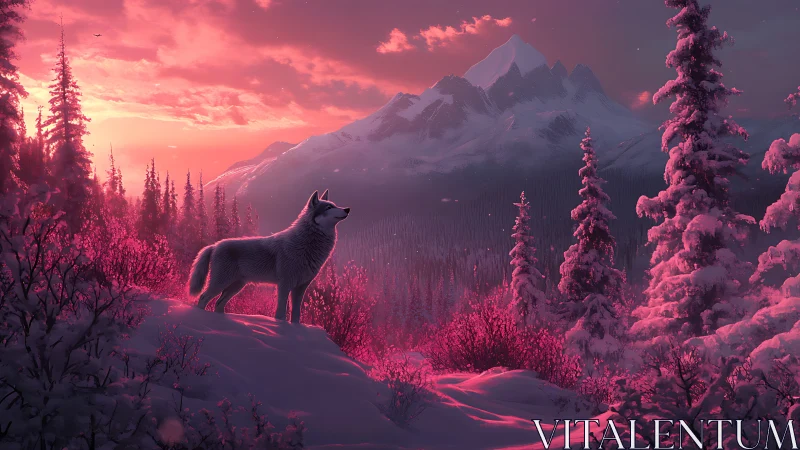 Lone wolf on snowy ridge under magenta alpine sunset glow