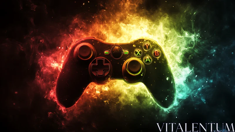 Illuminated game controller suspended in tri-color energy nebula