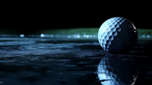 Golf ball on wet reflective surface under dramatic light.