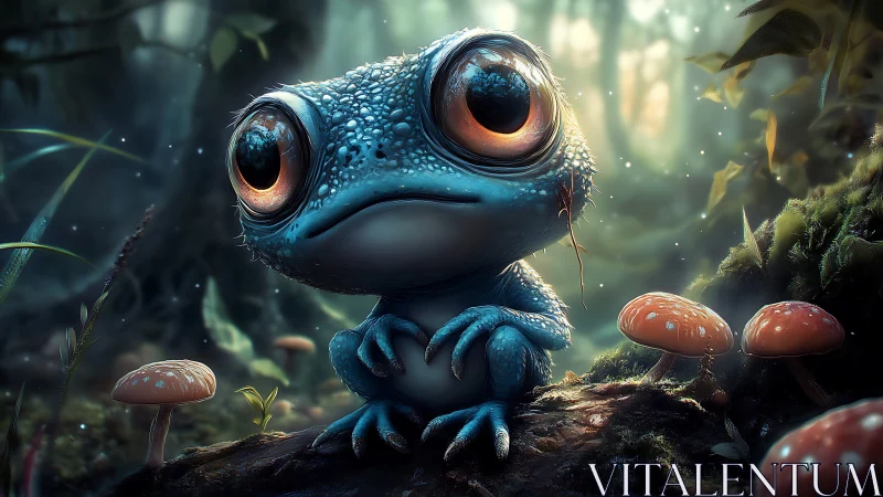 Bioluminescent blue frog rendered in cinematic forest close-up
