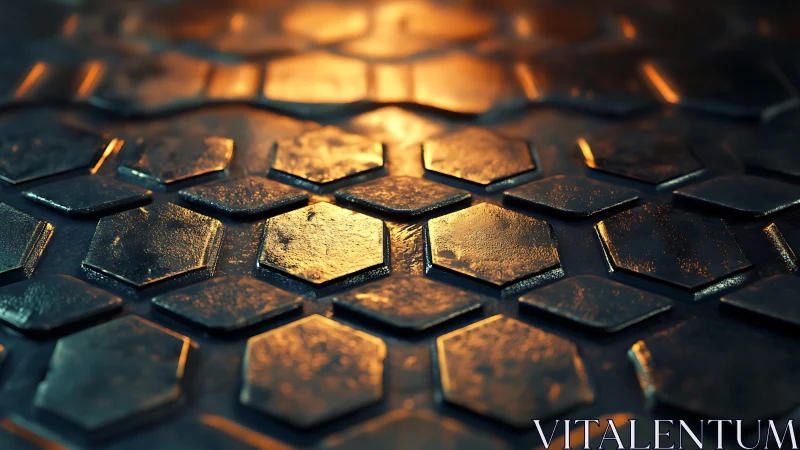 Metal hexagonal plates under warm reflective lighting grid.