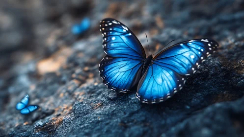 Iridescent blue butterfly rests on rock in shallow focus study