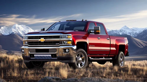 Heavy-duty red pickup truck with chrome accents parked in alpine field