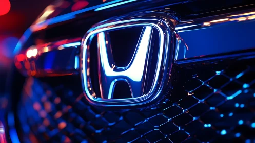 Honda grille emblem under vivid blue neon lighting.