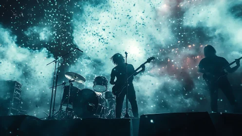 Silhouetted rock band on stage in blue atmospheric concert haze